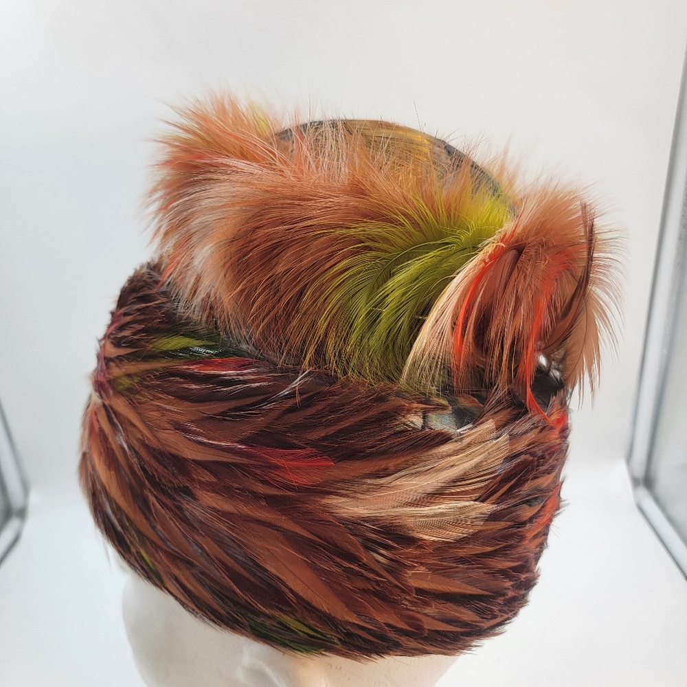 Vintage Robin Ellen pheasant feather pillbox hat with box Orange Green Mod - Picture 5 of 10